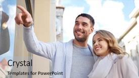  Presentation with consumerism - Beautiful slide set featuring satisfied customer - sale shopping consumerism and people backdrop and a  colored foreground