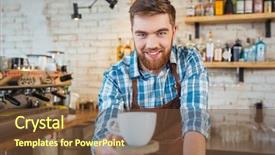  Presentation with coffee cup - Audience pleasing slide set consisting of satisfied customer - smiling attractive bearded barista serving backdrop and a tawny brown colored foreground