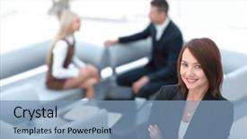  Presentation with successful - Presentation theme enhanced with satisfied customer - successful young business woman background and a teal colored foreground