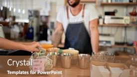  Presentation with coffee shop - Cool new PPT theme with satisfied-customer-in-coffee-shop backdrop and a coral colored foreground