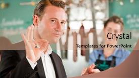  Presentation with butcher shop - PPT theme consisting of satisfied customer showing positive sign background and a coral colored foreground