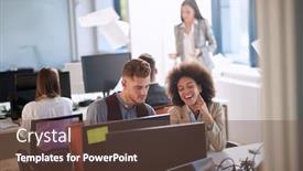  Presentation with office workers - Audience pleasing PPT theme consisting of satisfied-female-boss-looking backdrop and a tawny brown colored foreground