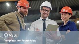  Presentation with production planning - Slide set having satisfied-foreman-in-eyeglasses-watching background and a mint green colored foreground