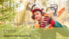  Presentation with chainsaw - Audience pleasing PPT layouts consisting of satisfied-forest-worker-or-lumberjack backdrop and a yellow colored foreground