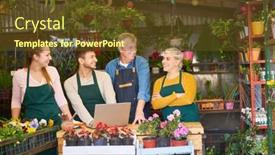  Presentation with team training - PPT theme with satisfied-gardener-team background and a tawny brown colored foreground