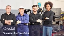  Presentation with mechanic shop - Slide deck with satisfied-mechanic-and-mechatronic-team background and a ocean colored foreground