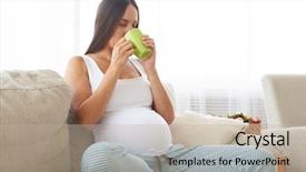  Presentation with tea tasting - Audience pleasing PPT theme consisting of satisfied pregnant woman tasting tea backdrop and a mint green colored foreground