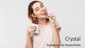  Presentation with white chocolate - PPT theme consisting of satisfied pretty girl biting chocolate background and a lemonade colored foreground