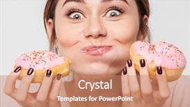  Presentation with donuts - PPT theme having satisfied pretty girl eating donuts background and a coral colored foreground