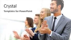  Presentation with team hands - Slide deck consisting of satisfied proud business team clapping background and a white colored foreground