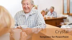  Presentation with coffee talk - Slides having satisfied-senior-man-having background and a coral colored foreground