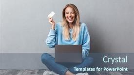  Presentation with credit card - Slides featuring satisfied young blonde girl using laptop computer while sitting with legs crossed and showing plastic credit card isolated over gray background background and a ocean colored foreground