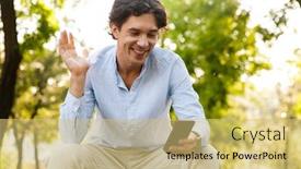  Presentation with man holding phone - Presentation with satisfied young casual man holding mobile phone while sitting at the city park having video chat background and a yellow colored foreground