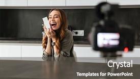  Presentation with map mobile device - Presentation theme with satisfied young girl recording video background and a dark gray colored foreground