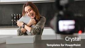 Presentation with new home - Audience pleasing presentation theme consisting of satisfied young girl recording video backdrop and a dark gray colored foreground