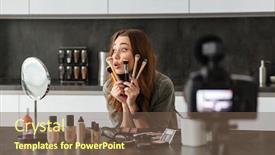  Presentation with blog - Audience pleasing presentation theme consisting of satisfied young girl recording her video blog episode about new cosmetic products while sitting at the kitchen table at home and applying make-up backdrop and a tawny brown colored foreground