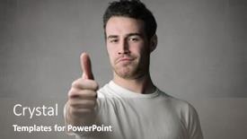  Presentation with young man on the phone - Slide deck featuring satisfied-young-man-with-thumbs background and a gray colored foreground