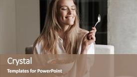  Presentation with close up of cereal granola - PPT layouts having satisfied young woman dressed white shirt holding bowl fruits cereal relaxing couch home eyes closed background and a coral colored foreground