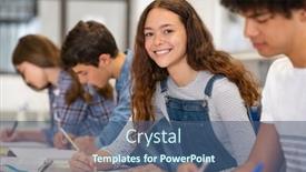  Presentation with exam - Colorful PPT layouts enhanced with satisfied-young-woman-looking backdrop and a ocean colored foreground