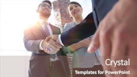  Presentation with friendly - Presentation design featuring satisfy - friendly handshake of business people background and a violet colored foreground