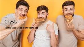  Presentation with virile young men - Beautiful presentation design featuring satisfy - three young satisfied men eating backdrop and a coral colored foreground