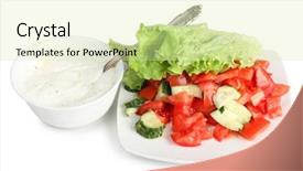  Presentation with porcelain - Colorful PPT theme enhanced with sauce and diced vegetables in porcelain plate on a white background backdrop and a soft green colored foreground