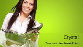  Presentation with group of three young girl - Presentation design enhanced with sauce pan over a green background and a  colored foreground