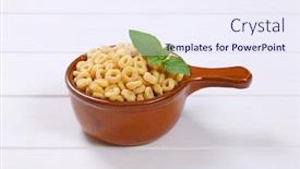  Presentation with cereal - Colorful slide deck enhanced with saucepan of honey cereal rings on white wooden background backdrop and a sky blue colored foreground