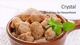  Presentation with soy - Slide deck having saucepan of soy meat cubes background and a  colored foreground