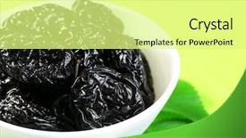  Presentation with napkin - Cool new presentation design with saucer of prunes with leaves on green napkin closeup backdrop and a blonde colored foreground