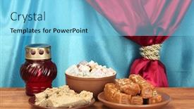  Presentation with halva - Slide deck having saucers-with-oriental-sweets-sherbet background and a light blue colored foreground