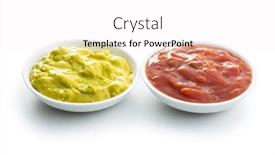  Presentation with sauces - Presentation featuring sauces in bowl guacamole and tomato dip isolated on white background background and a white colored foreground