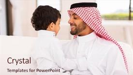  Presentation with father - Slides having saude - portrait of happy arabian father background and a sky blue colored foreground