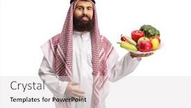  Presentation with fresh fruits vegetables - Beautiful slide set featuring saudi-arab-man-holding backdrop and a light gray colored foreground