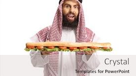  Presentation with arab - Colorful presentation theme enhanced with saudi-arab-man-holding backdrop and a light gray colored foreground
