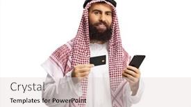  Presentation with online payment - Colorful slide set enhanced with saudi-arab-man-using backdrop and a light gray colored foreground