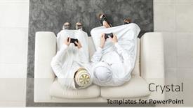  Presentation with video games playing - Audience pleasing presentation theme consisting of saudi-family-top-view-playing backdrop and a mint green colored foreground