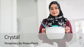  Presentation with iftar - Audience pleasing slide deck consisting of saudi food - happy muslim girl preparing backdrop and a light gray colored foreground