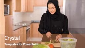  Presentation with woman muslim - Presentation design consisting of saudi food - pretty muslim woman chopping vegetables background and a coral colored foreground