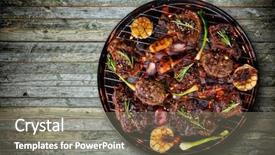  Presentation with food grill - Audience pleasing theme consisting of sausage and vegetable on grill backdrop and a gray colored foreground