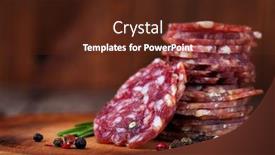  Presentation with old wooden table food - Audience pleasing slides consisting of meat preservation - sausage on a wooden table backdrop and a tawny brown colored foreground