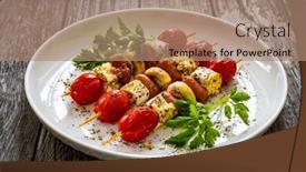 Presentation with feta cheese - Presentation having sausage-skewers-fried-sausages background and a coral colored foreground