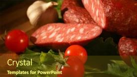  Presentation with garlic - Audience pleasing presentation theme consisting of sausage-with-tomatoes-and-garlic backdrop and a tawny brown colored foreground