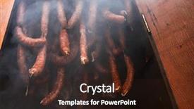  Presentation with sausages - PPT theme enhanced with sausages hanging inside wooden smokers background and a wine colored foreground