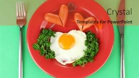  Presentation with sausages - PPT theme featuring sausages in form of hearts scrambled eggs and parsley on color plate on color background background and a red colored foreground