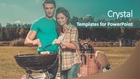  Presentation with summer outdoor bbq grill party - Theme with sausages on a grill outdoor background and a ocean colored foreground