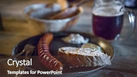  Presentation with sausages - Presentation having sausages with bread and beer background and a tawny brown colored foreground