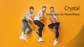  Presentation with virile young men - Presentation theme consisting of saut en longueur - three young cheerful men jumping background and a gold colored foreground
