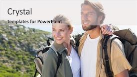 Presentation with mountain hiking - Beautiful PPT layouts featuring saut la perche athletisme - attractive hiking couple hugging backdrop and a light gray colored foreground