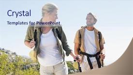  Presentation with mountain hiking - PPT theme featuring saut la perche athletisme - attractive hiking couple walking background and a sky blue colored foreground
